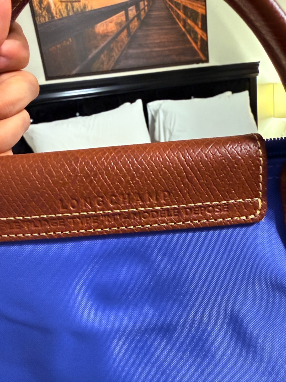 Longchamp Tote in Bright Blue with Brown Leather Trim - Picture 3 of 7